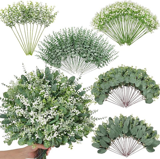 Alecono 200 Pcs 5 Kinds Mixed Artificial Greenery Eucalyptus Stems Bulk, Babys Breath Artificial Flowers and Fake Sliver Dollar Leaves for Centerpieces DIY Bouquet Wedding Home Decor