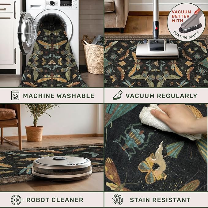 Black Insect 2'6"x12' Washable Extra Long Runner Rugs for Hallways, Non Skid Stain Resistant Wide Rug Runners for Kitchen, Entryway, Mudroom, Dark Cottagecore Boho Butterfly Pattern Indoor Décor