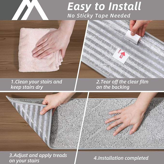 COSY HOMEER Edging Stair Treads Non-Slip Carpet Mat 28inX9in Indoor Stair Runners for Wooden Steps, Edging Stair Rugs for Kids and Dogs, 100% Polyester TPE Backing (4pc, Grey)