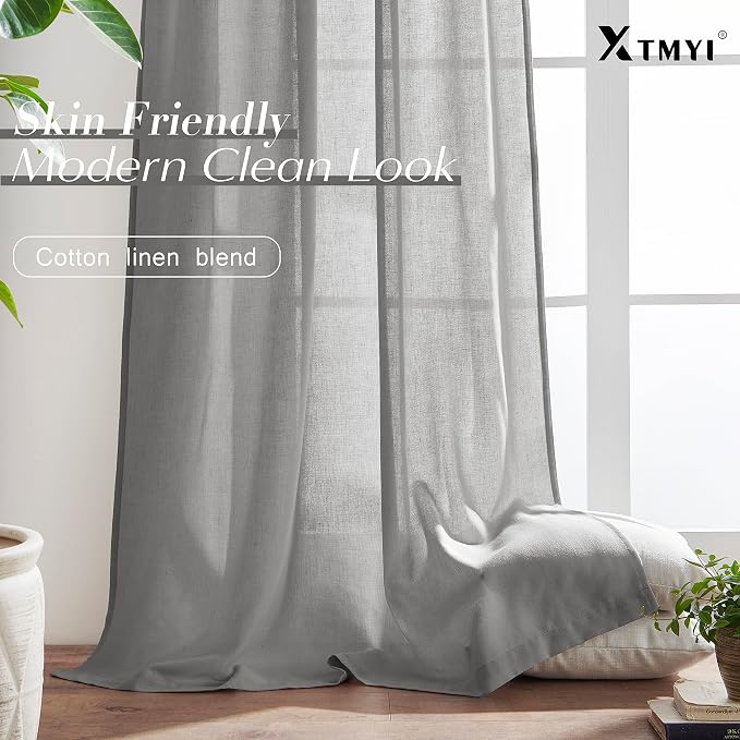 XTMYI Light Grey Curtains for Living Room Bedroom,Linen Boho Back Tab Pleated Sheer Curtain Set of 2 Panels,90 Inches Long
