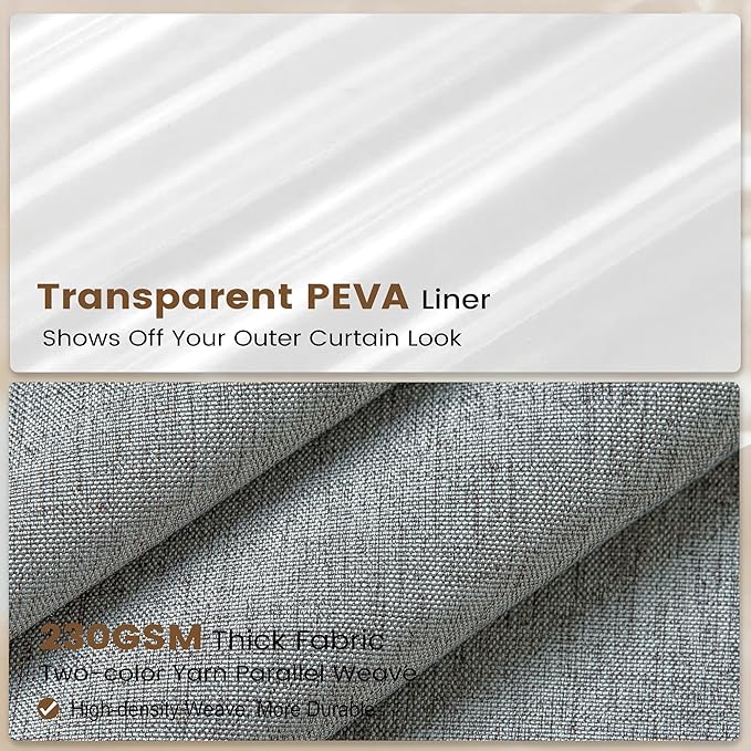 BTTN 3 in 1 Shower Curtain Set - 96 Inch Extra Long Linen Textured Cloth Shower Curtain Liner with Plastic Hook, Modern Hotel Luxury Waterproof Fabric Shower Curtain for Bathroom, Grey/Gray, 72x96