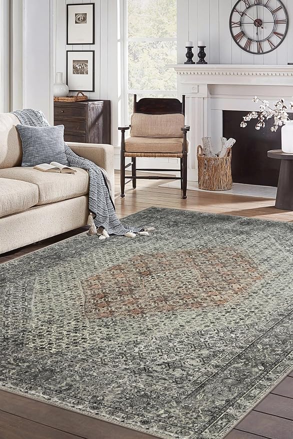 Keen Home Design 6x9 Rug - Machine Washable Area Rug with Non-Slip Backing, Ideal for Living Room, Dining Room, Bedroom - Vintage, Easy Clean, Durable, Low Pile - (6' x 9')
