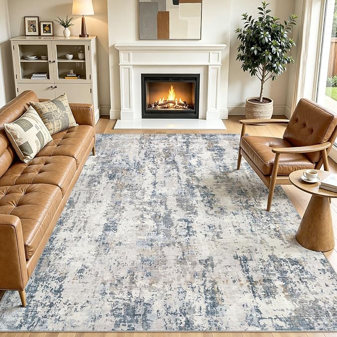 Area Rugs 8x10 Living Room: Washable Large Abstract Modern Neutral Soft Rug Stain Resistant Non-Slip Backing Carpet for Bedroom Dining Room Indoor Nursery Dorm Home Office Decor - Grey Blue