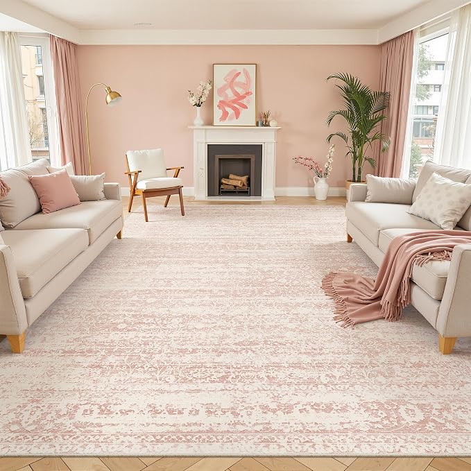 Soalmost Pink 8x10 Area Rugs for Baby Girl Nursery, Washable Soft Rugs | Vintage Floral Non-Slip Low Pile Throw Carpet for Living Room Dining Room Bedroom Kids Playroom 8'x10'