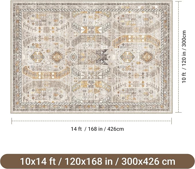 befbee 10x14 Area Rugs,Ultra-Thin Washable Rugs for Living Room,Non-Slip Lightweight Foldable Area Rug,Stain Resistant Vintage Large Rugs (Brown/Gold, 10'x14')