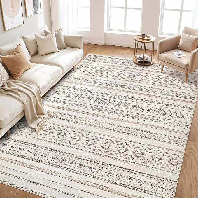 cotiled 6x9 Area Rugs Living Room Rug: Washable Boho Rugs with Non Slip Backing Large Soft Indoor Stain Resistant Carpet for Bedroom Farmhouse Dining Room Lightweight Home Decor Cream Brown