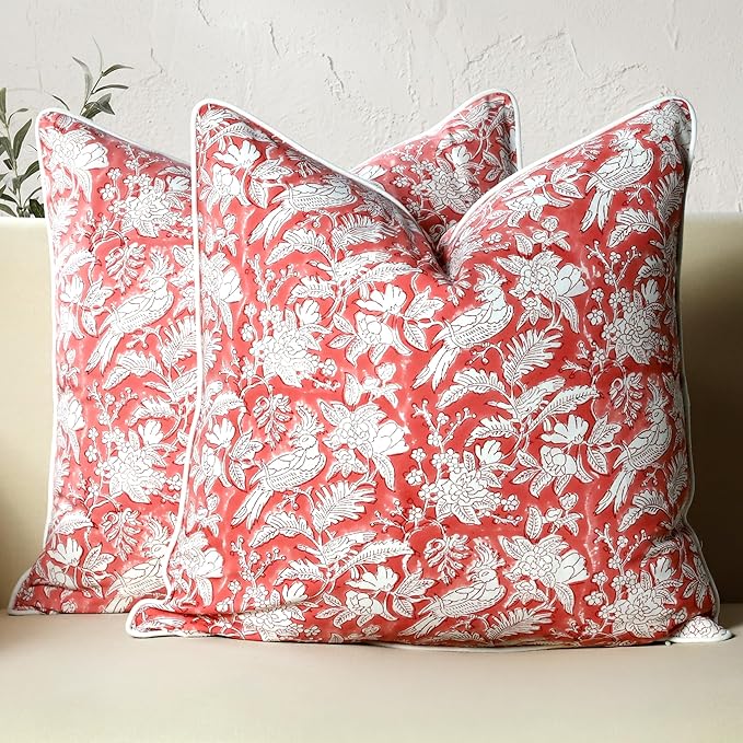 CPC 100% Cotton Throw Pillow Covers 24x24 Inch, Set of 2 Red Block Print Pattern Couch Pillow, Cute Boho Decorative Pillows for Living Room, Bedroom with Hidden Zipper- Pink Coral