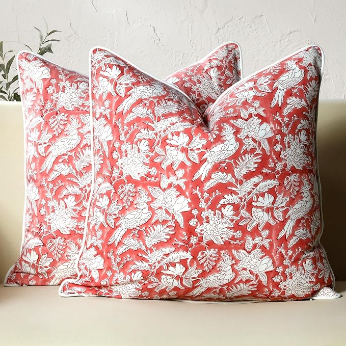CPC 100% Cotton Throw Pillow Covers 20x20 Inch, Set of 2 Pink Block Print Pattern Couch Pillow, Cute Boho Decorative Pillows for Living Room, Bedroom with Hidden Zipper- Pink Coral