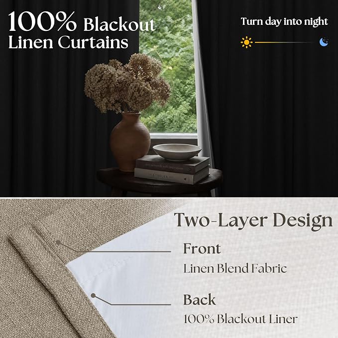 Greige Pleated Blackout Curtains 96 Inches Long 2 Panels for Dining Living Room Darkening Neutral Memory Shape Pinch Pleat Black Out Heavy Duty Thermal Insulated Curtain Drapes with Liner Deep Flax