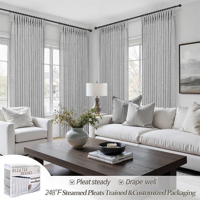 Light Grey Pinch Pleated Curtains 96 Inch Long for Patio Sliding Door, Boho Linen Sheer Light Filtering Cortinas para Sala Modern Windows Curtain 40 x 96 Inches Length 2 Panels Set with Back Tab Gray