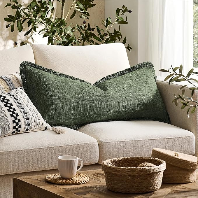 Kevin Textile 14x24 Inch Lumbar Pillow Cover 1 Pack Boho Fringe Decorative Rectangle Cushion Case with Tassels Neutral Cotton Woven Textured Farmhouse for Living Room Couch Sofa Bed, Olive Green
