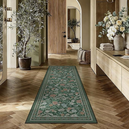 HUGEAR Retro 2x6 Runner Rugs Washable Hallway Rug Vintage Floral Throw Carpet Green Stain Resistant Non Slip Low Pile for Home Aesthetic Modern Decor