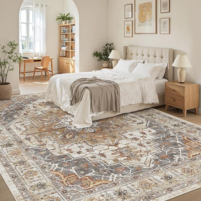 Madane Washable Rug 8x10 Area Rugs for Living Room, Ultra-Thin Non-Slip Backing Rug, Stain Resistant Vintage Large Area Rug for Bedroom (Turmeric/Grey, 8'x10')