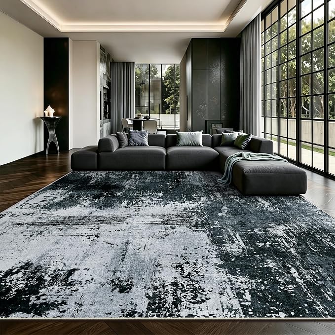 8x10 Rugs for Living Room - Modern Abstract Washable Rug, Ultra Soft Non Slip Low Pile Large Rugs, Floor Carpet for Bedroom Dining Room Office Laundry Nursery Home(Black)