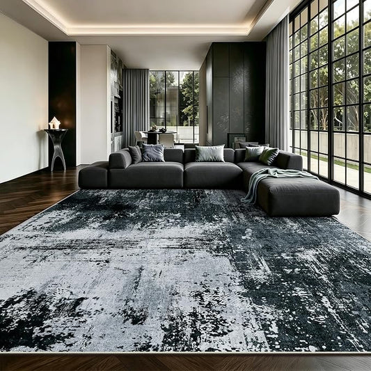 8x10 Rugs for Living Room - Modern Abstract Washable Rug, Ultra Soft Non Slip Low Pile Large Rugs, Floor Carpet for Bedroom Dining Room Office Laundry Nursery Home(Black)