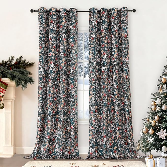 Estelar Textiler Green Velvet Blackout Curtains 84 Inch Long 2 Panels, Boho Floral Printed Curtains for Living Room,Thermal Insulated Room Darkening Designed Vintage Grommet Drapes for Bedroom,52Wx84L