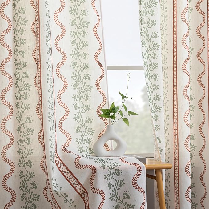 Terracotta and Green Boho Floral Linen Curtains,Farmhouse Striped Sheer Bohemian Curtains for Bedroom Living Room 96 Inches Long 2 Panel Set