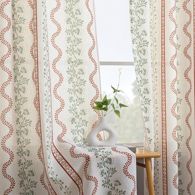 Lino Rosa Bohemian Floral Curtains for Living Room,Boho Linen Sheer Curtains for Bedroom 63 Inches Long Terracotta and Green