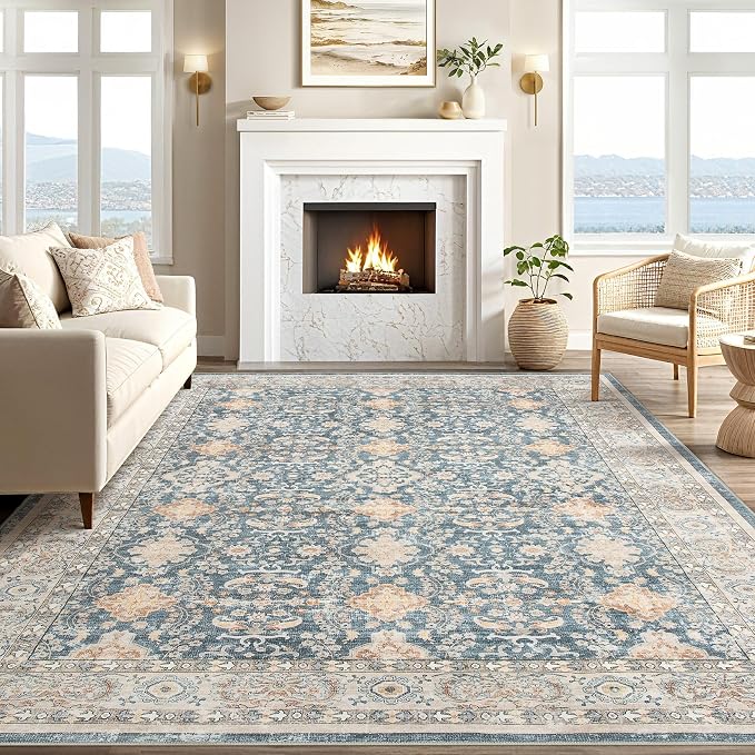 Vintage Living Room Area Rug 9x12 - Large Soft Washable Oriental Traditional Distressed Farmhouse Rugs for Bedroom - Indoor Floor Accent Carpet for Home Office House Decor - Dark Blue