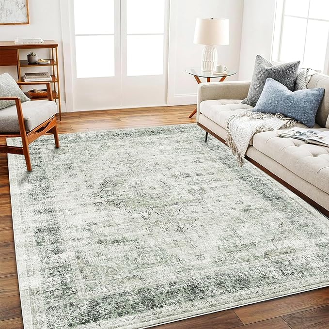 CHAMPLANT Area Rug 5'x7' Washable Rug Floral Green Vintage Traditional Floor Cover Thin Retro Kitchen Indoor Distressed Non Slip Carpet for Living Room Bedroom Dining Room