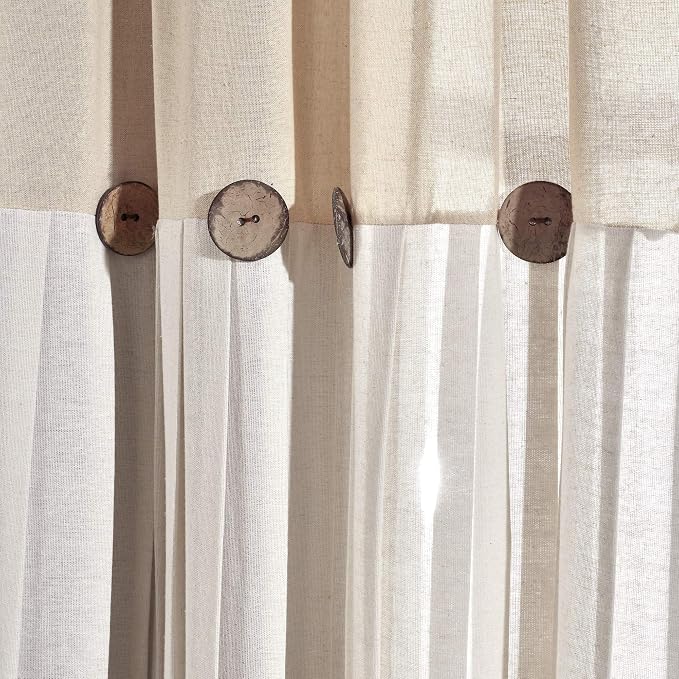 Lush Decor Linen Button Farmhouse Curtains, Single Panel, Pleated Two Tone Design 40" W x 63" L, Linen (Pack of 6)