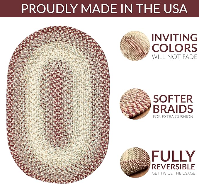 Super Area Rugs Braided Rugs 5X8 Farmhouse Kitchen Rug - Ridgewood Braided Rug for Living Room - Reversible - Indoor/Outdoor - Made in USA - Burgundy/Beige, 5' X 8' Oval