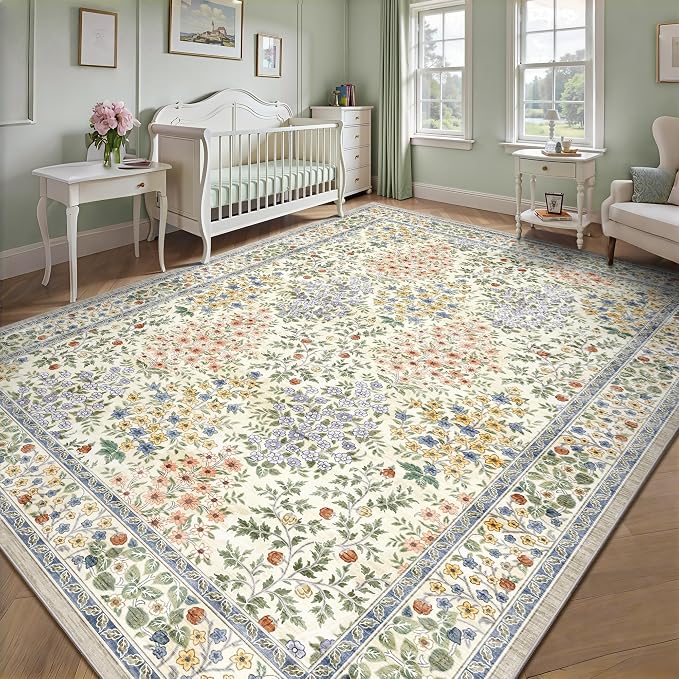 9x12 Area Rugs, Machine Washable Low Pile Floral Rugs for Living Room, Bedroom, Large Boho Area Rug with Non-Slip Backing for Dining Room(Beige Floral)