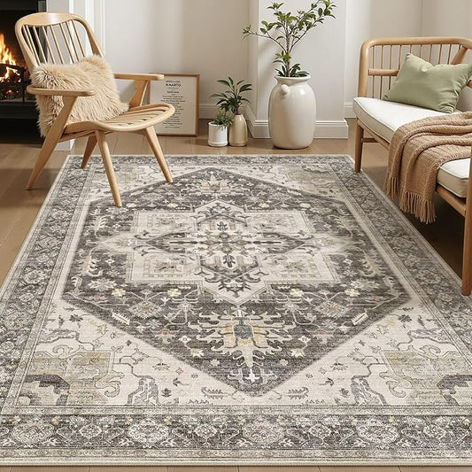 5x7 Area Rugs for Living Room - Large Carpet Ultra Thin Soft Washable Oriental Vintage Floral Distressed Big Indoor Carpets for Bedroom Nursery Dorm Home Decor Aesthetic - Dark Brown