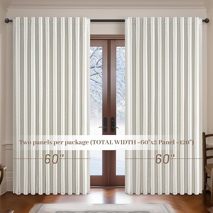 108 Inch Floor to Ceiling Blackout Curtains 60 Inches Wide for Sliding Glass Door,Luxury Pleated Cream Beige Linen Room Darkening Privacy for Wide Large Windows 66 to 120 Drapes(60"W x 108"L 2 Panels)