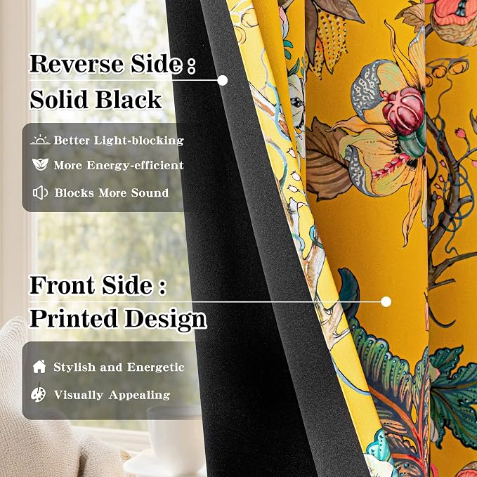 MYSKY HOME Yellow Floral Blackout Bedroom Curtains 45 Inch Length 2 Panels Set Bedroom 95% Black Out Thermal Insulated Room Darkening Curtain Printed Flower Vintage Style Grommet Drapes, Pack-2