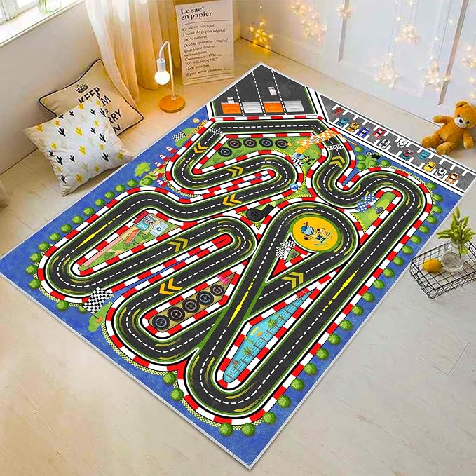 Kids Racing Rug 47''x71'' Car Road Kid Rug Carpet Playmat for Playoom Traffic Road Kid Play Mat for Bedroom，Kids Educational City Traffic Road map Fun Carpet (Blue)