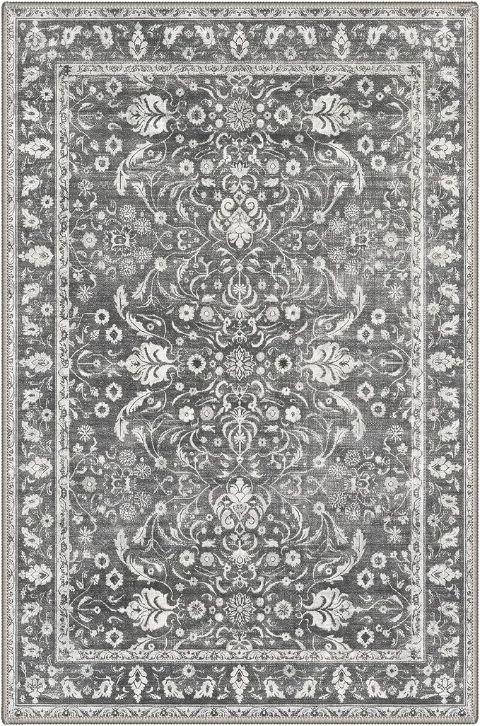 Bavni 2x3 Doormat, Machine Washable Runner Rug Non Slip, Vintage Floral Floral Rugs for Entrance, Lightweight Low Pile Carpet for Hallways Kitchen and Corridor, Charcoal Gray