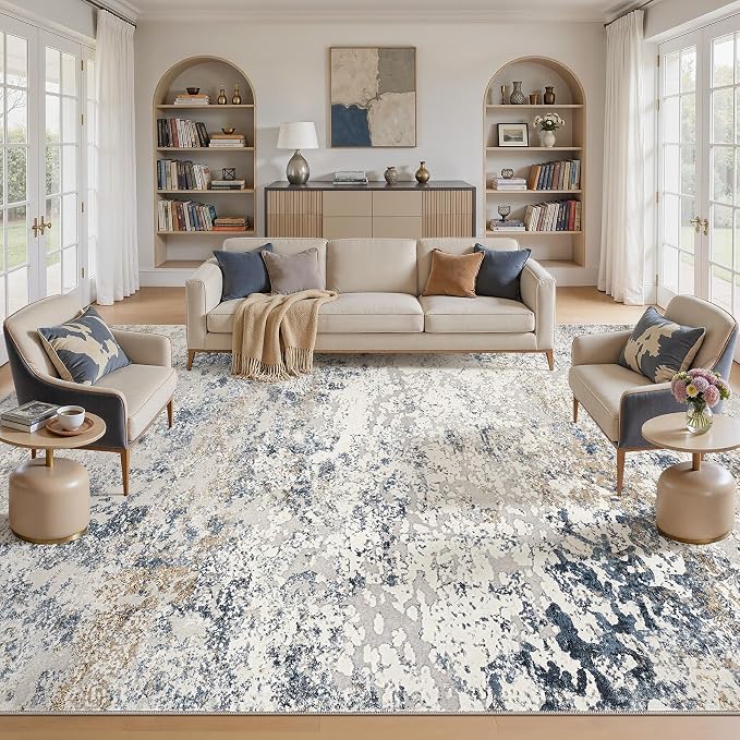 DMOYEST Area Rug Living Room Rugs - 11x14 Large Soft Indoor Neutral Modern Abstract Low Pile Washable Rug Carpet for Bedroom Dining Room Farmhouse Home Office - Beige Blue