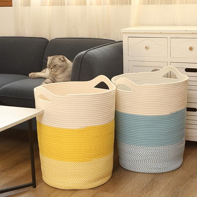 Sea Team Large Size Cotton Rope Woven Storage Basket with Handles, Laundry Hamper, Fabric Bucket, Drum, Clothes Toys Organizer for Kid's Room, 20 x 14 inches, Round Open Design, White & Mottled Yellow