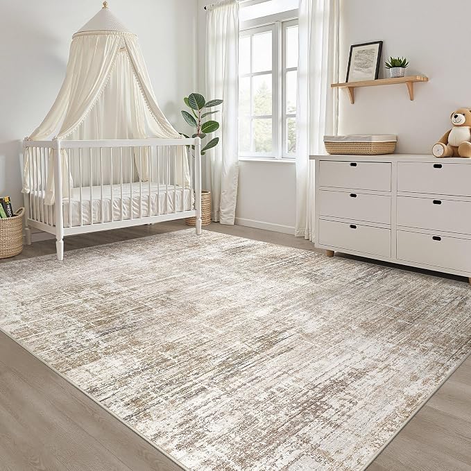 10x13 Area Rug Living Room: Washable Large Neutral Rug Abstract Soft Modern Stain Resistant Indoor Floor Non-Slip Carpet for Bedroom Nursery Kids Office Playroom Dining Room Under Table- Dark Brown