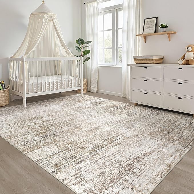 10x12 Area Rug Living Room: Washable Large Neutral Rug Abstract Soft Modern Stain Resistant Indoor Floor Non-Slip Carpet for Bedroom Nursery Kids Office Playroom Dining Room Under Table- Dark Brown