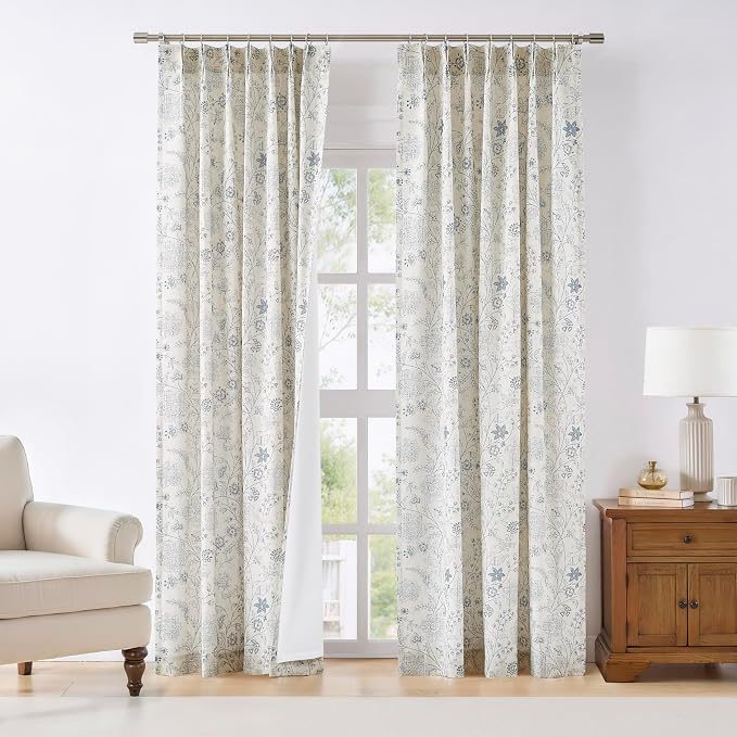Vision Home Pinch Pleated Linen Light Filtering Curtains Blue Leaf Floral Print Window Drapes with Microfiber Liner & Back Tab Hooks for Living Room Bedroom, Farmhouse Cottagecore 40x95 Inch Set of 2