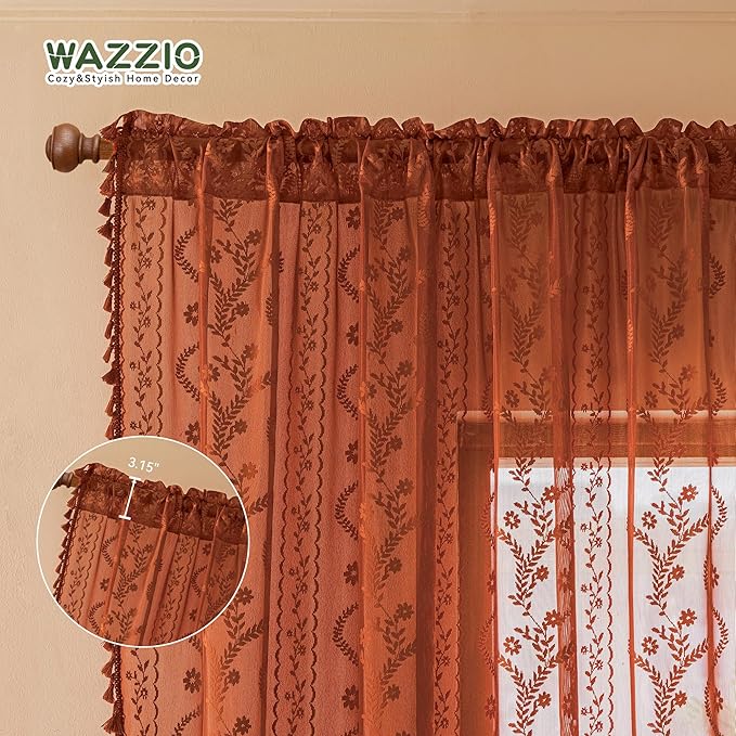 WAZZIO Boho Lace Curtains 54 Inch 2 Panels-Vintage Sheer Panel Drape Floral Pattern & Tassel Light Filtering Privacy for Bedroom Dining Living Room,Cottage Earthy Full Decor Terracotta,W52 x 54L
