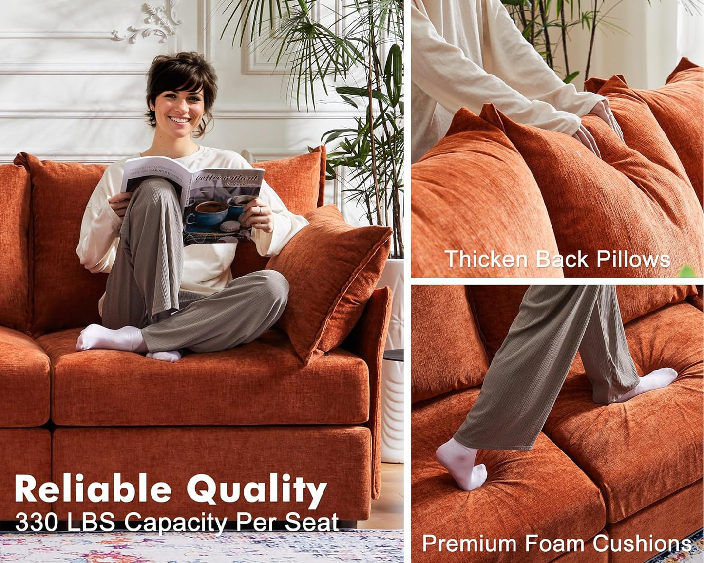 134.6" Oversized Modular Sectional Sofa, 6 Seater U Shaped Couch with Storage Ottoman with Reversible Chaise Deep Seat for Living Room, Apartment - Chenille Terracotta Orange