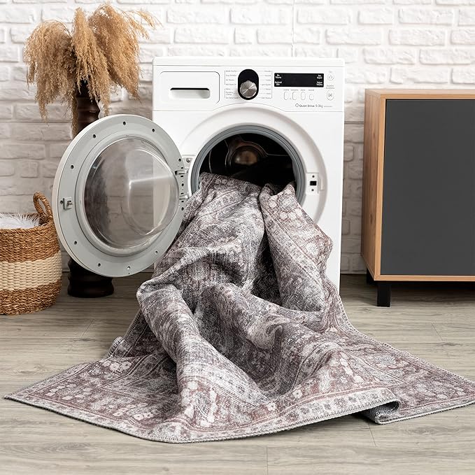 Bloom Rugs Washable 4' x 6' Rug - Brown/Dark Gray Traditional Area Rug for Living Room, Bedroom, Dining Room, and Kitchen - Exact Size: 4' x 6'