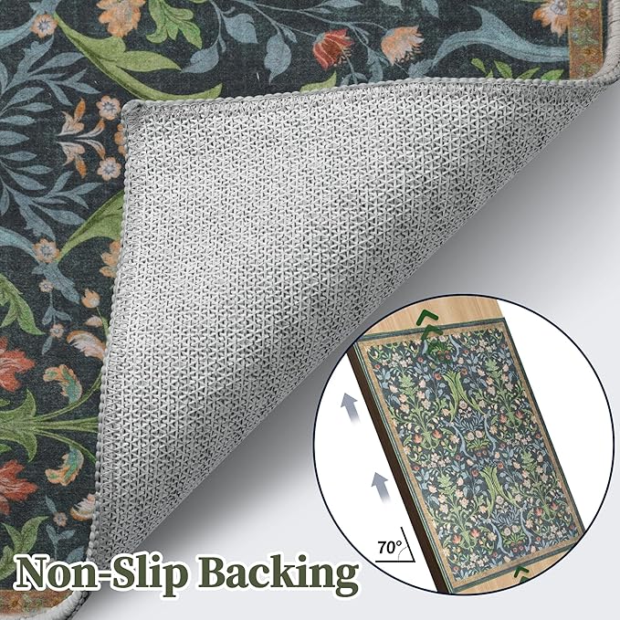 Tangsoo Green Washable Entry Rug, 2x3 Small Area Throw Rugs for Entryway Non Slip, Vintage Floral Thin Rug for Kitchen Bedroom, Low Pile Floor Carpet Front Door Mat for Entrance Bathroom Foyer Decor