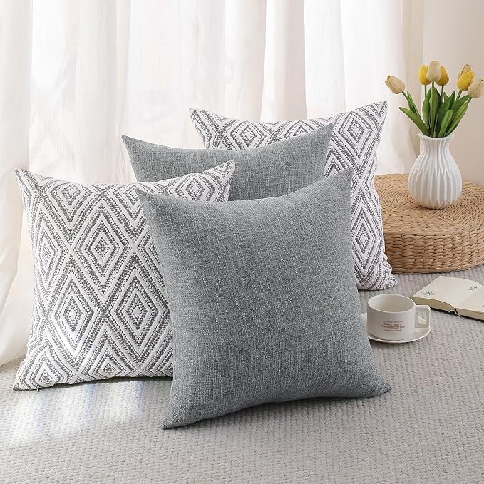 HPUK Throw Pillow Covers 18x18 Inch Set of 4, Linen Decorative Pillow Covers, Accent Cushion Covers for Couch Sofa Bed Bedroom Living Room Décor, Grey