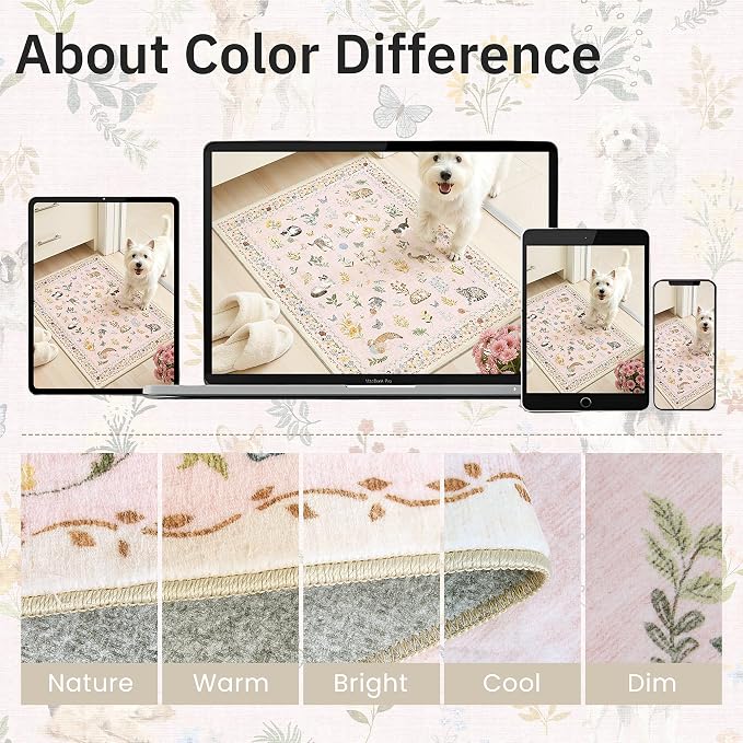 Soalmost Dog 8x10 Pink Area Rugs for Baby Girl Nursery, Washable Animal Floral Vintage Rug Non-Slip Low Pile Soft Throw Rugs for Living Room Dining Room Bedroom Playroom Classroom (8 x 10,Pink)