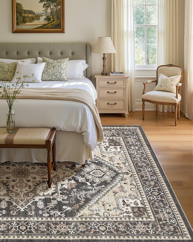 5x7 Vintage Area Rug: Washable Neutral Soft Non Slip Thin Large Floor Carpet for Living Room Bedroom Kitchen Dining Room Home Office Farmhouse Indoor - Black