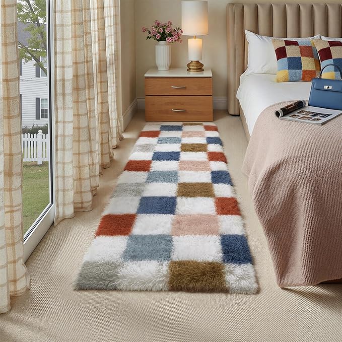 PureCozy Checkered Area Rug 2x6 for Bedroom, Modern Rainbow Shag Rug Super Soft Runner Carpet Washable Fluffy Rugs for Living Room Bedside Sofa Home Dorm Decor Aesthetic
