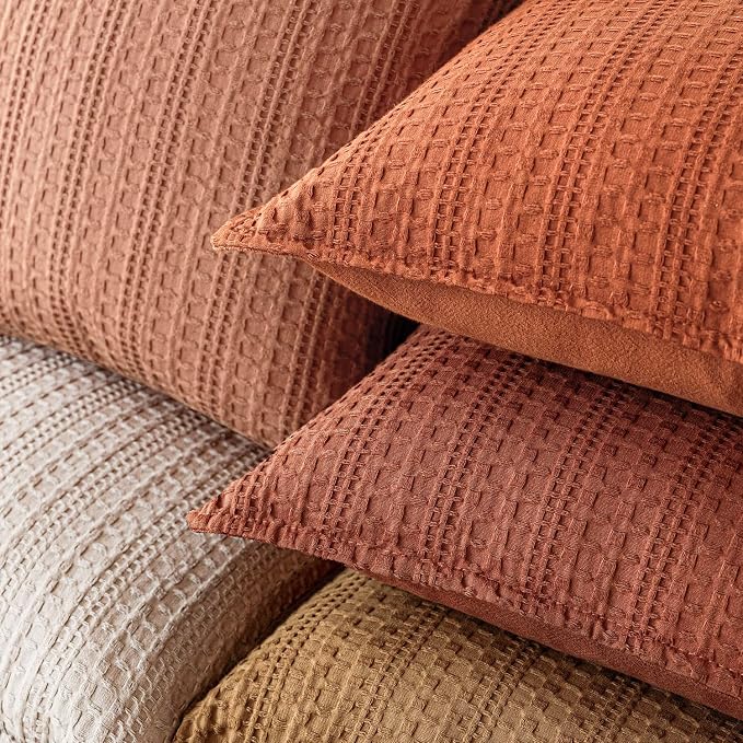 Foindtower Set of 2 Decorative Cotton Waffle Weave Throw Pillow Cover Euro Shams Cushion Covers Accent European Pillowcase For Bed Couch Sofa Bedroom Living Room Home Decor 20×20 Inch Fall Rust Orange