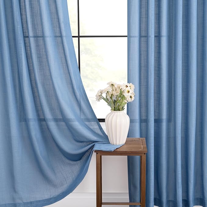 Denim Blue Curtains for Living Room Back Tab Modern Farmhouse Semi Sheer Blue Curtains 63 inches Long 2 Panels Set Muted Neutral Window Curtain for Dining Room Bedroom 52x63