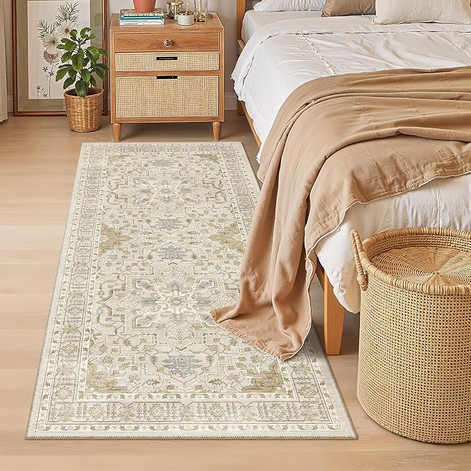 Madane Washable Runner Rug 3x6 Runners for Hallways Non Slip, Beige/Blue | Vintage Stain-Resistant 6 Feet Kitchen Rug, Soft Low-Pile Ultra-Thin Floor Carpet Mat for Bathroom Laundry Room Bedroom 2x6ft