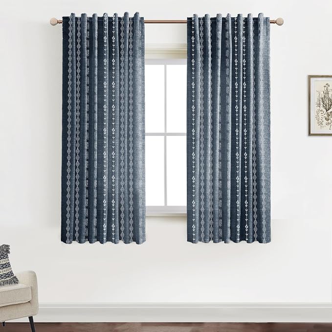 Dark Blue Curtains for Boys Bedroom,Moroccan Boho Vintage Printed Coastal Curtains for Bathroom Window Living Room 63 Inch Length