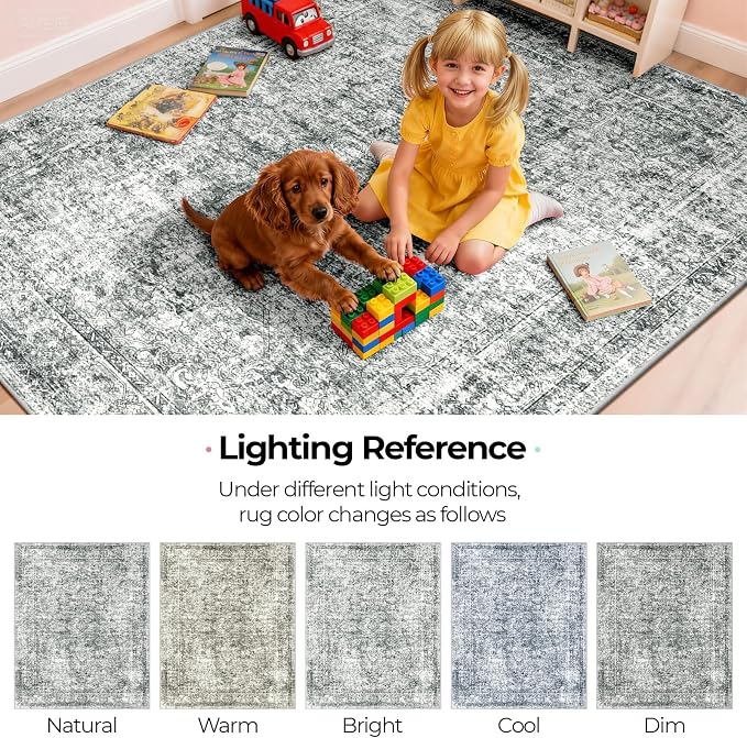 CAPALOCA Machine Washable Rugs Nursery Rug Sq4ft Cute Girl Non Slip Low Pile Water Repellent Soft Print Pattern for Bedroom Indoor Decor Kids Playroom Grey